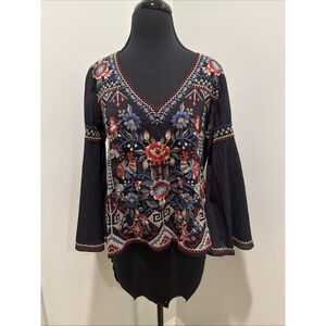 Johnny Was Women’s Slit Flare Sleeve Floral Bird Embroidered Top V-Neck Black